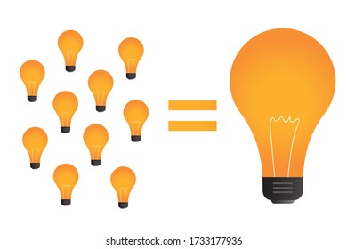 Collective Idea vector concept: Many small light bulb icons (ideas) is equal to one big light bulb (idea)