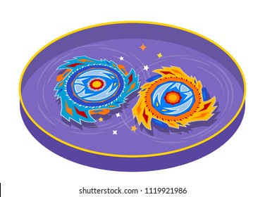 Collective image of the children's popular toy Beyblade. The battle of two Beyblade in the arena in a flat style. vector illustration, isolated on white background