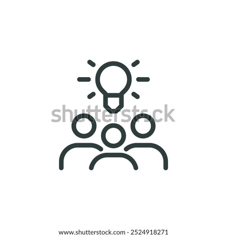 Collective insight, creative community, group knowledge outline icon. Line sign group of three people with light bulb above their heads. Vector isolated pictograms on white background editable stroke.
