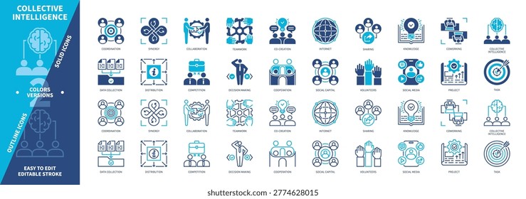 Collective Intelligence icon set. Internet, Task, Co-Creation, Project, Collaboration, Coworking, Teamwork, Distribution. Duotone color solid and editable outline icons