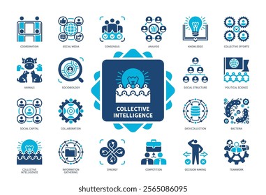 Collective Intelligence icon set. Synergy, Analysis, Sociobiology, Collective Efforts, Collaboration, Competition, Teamwork, Consensus. Duotone color solid icons