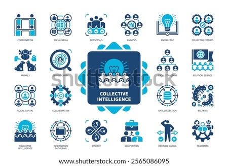 Collective Intelligence icon set. Synergy, Analysis, Sociobiology, Collective Efforts, Collaboration, Competition, Teamwork, Consensus. Duotone color solid icons