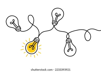 Collective intelligence or idea concept, hand drawn illustration with light bulbs and lines