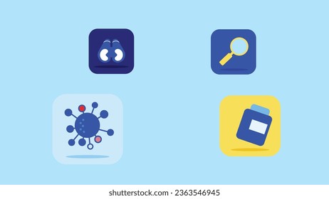 collective of medical icons to diagnosis Cancer, corona virus with icon of Cancer cell, magnifying glass, glasses, drug bottle