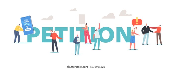 Collective Public Appeal Service Concept. Tiny Characters with Smartphone and Megaphone Call to Sign Online Petition, Document for Government Poster, Banner, Flyer. Cartoon People Vector Illustration