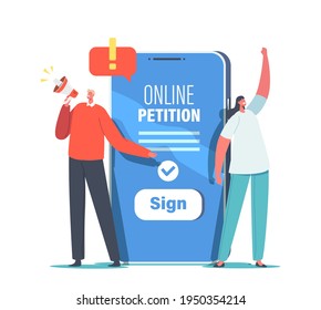 Collective Public Appeal Service. Tiny Characters near Huge Smartphone Yell to Loudspeaker Call to Sign Online Petition. Government Document Signing and Spreading. Cartoon People Vector Illustration