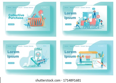 Collective Purchase and Discount System for Corporate Clients Set. Customers Loyalty Program and Internet Marketing with People Characters Ordering Goods from Online Store. Flat Vector Illustration.