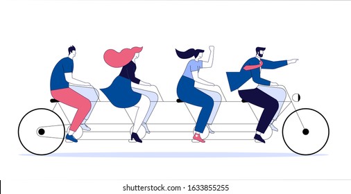 Collective successful teamwork progress concept. Business team riding tandem bicycle. Businessmen and businesswomen characters on bike cooperation leadership metaphor. Cartoon flat vector illustration