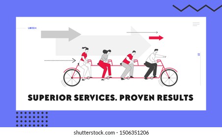 Collective Successful Teamwork Website Landing Page. Business Team Riding Tandem Bicycle. Businessmen and Businesswomen on Bike Cooperation Web Page Banner. Cartoon Flat Vector Illustration, Line Art