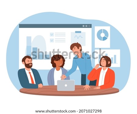 Collective thinking concept. Characters discussing development of company, brainstorming. Board of directors at meeting, presentation, charts, diagrams, reports. Cartoon flat vector illustration