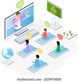 Collective Virtual Meeting Or Group Video Conference. Chatting By Online Videochat, Videoconferencing And Remote Work With Green Technology. Online Training, Teacher Conducts Lesson Via Internet