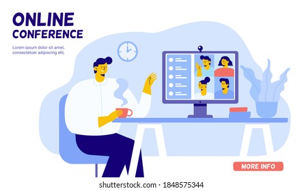 Collective virtual meeting. Man using computer for group video conference. Flat Vector illustration