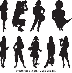 A collective of women are capturing a moment with one camera and another's laptop and handbag in hand.