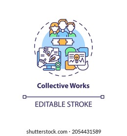 Collective works concept icon. Copyright law idea thin line illustration. Several authors publishing one work. Periodical issue, anthology. Vector isolated outline RGB color drawing. Editable stroke