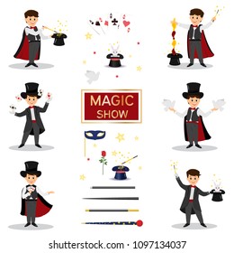 Collectoin of magicians.Magicians with doves, playing cards, magic winds and hats.Isolated on white background. Cartoon style. Vector illustration