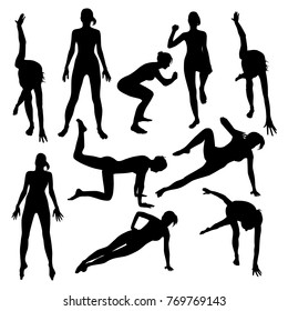 Collectoin of vector sillhouettes of woman doing fitness work. Exercises for elastic buttocks. Girl icons isolated on white background.