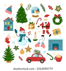 Collecton of Christmas and New Year decorations, holiday gifts, oranments. Cute flat illustration in flat style isolated on gray background. 