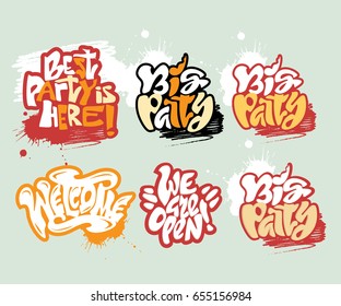 Collecton of Party lettering inscriptions. Big Party. Best Party Is Here. Welcome. Design elements