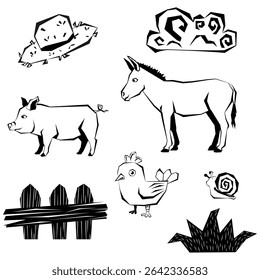 Coleção de animais de criação de xilogravura. Porco, burro, frango, caracol, nuvem, chapéu, cerca, grama no estilo cordel brasileiro