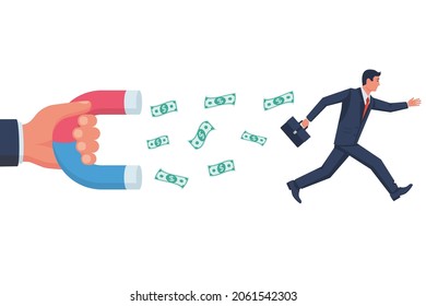 Collector concept. Businessman takes money from the debtor. Big magnet in hand attracts dollars. Vector illustration flat design. Isolated on white background.