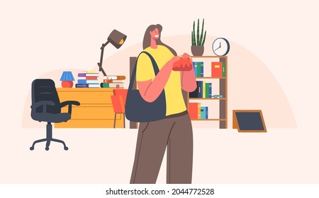 Collector Female Character Visiting Antique Store or Flea Market with Various Vintage Things, Woman with Purse Thinking to Buy Retro Books or Antiquities Collection. Cartoon People Vector Illustration