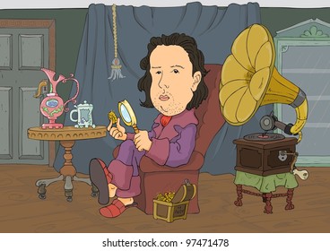 Collector with a magnifying glass to study ancient gold coins