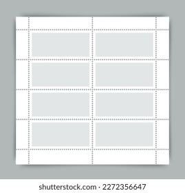 Collector post stamp template. Empty sale coupons set with perforated borders. Collection paper postmarks. Postal stickers for mail letter. Postage stamps set. Vector illustration.