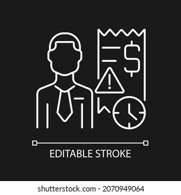 Collector white linear icon for dark theme. Specialist tracking debtors and recovering payments. Thin line customizable illustration. Isolated vector contour symbol for night mode. Editable stroke