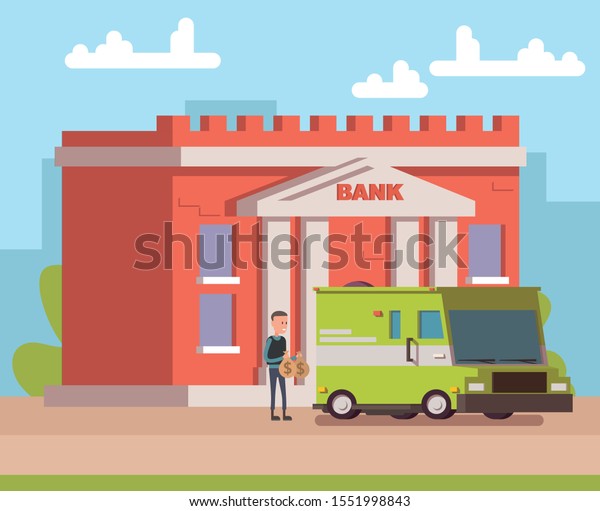 Collectors car and guard next to the bank.\
Working in bank. Vector\
illustration.