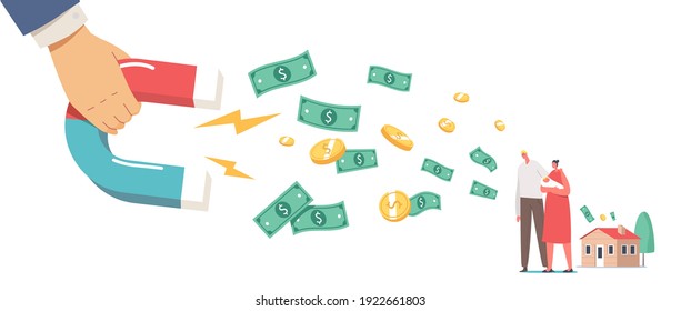 Collectors Chase, Debt Collection Concept. Huge Hand with Magnet Attracting Money from Family Characters with Newborn Child on Hands. Financial Loan Demand from Borrowers. Cartoon Vector Illustration