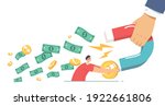 Collectors Chase, Financial Loan Demand from Borrower, Debt Collection Concept. Huge Hand with Magnet Attracting Money from Male Character Trying to Holding his Capital. Cartoon Vector Illustration