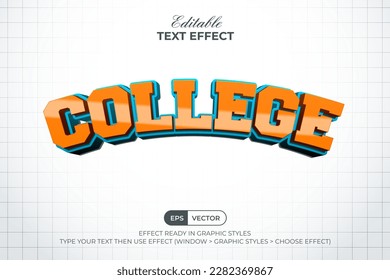 College 3D Text Effect Curved Style. Editable Text Effect.