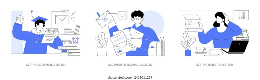 College admission isolated cartoon vector illustrations set. Happy school graduate reading acceptance letter, student accepted to various universities, upset teenager get rejected vector cartoon.