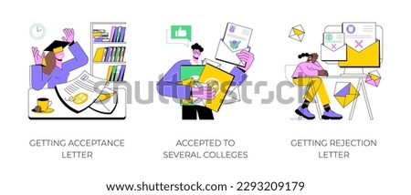 College admission isolated cartoon vector illustrations set. Happy school graduate reading acceptance letter, student accepted to various universities, upset teenager get rejected vector cartoon.
