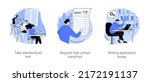 College admission process isolated cartoon vector illustrations set. Graduates take standardized test, request high school transcript, records of courses, writing application essay vector cartoon.