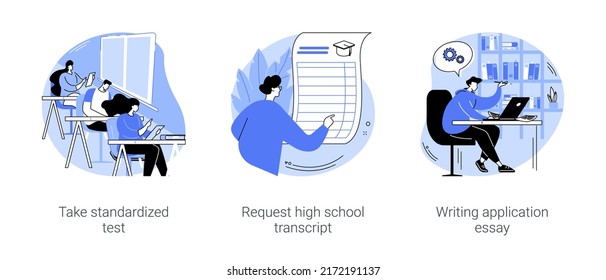 College Admission Process Isolated Cartoon Vector Illustrations Set. Graduates Take Standardized Test, Request High School Transcript, Records Of Courses, Writing Application Essay Vector Cartoon.