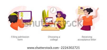 College admission process isolated cartoon vector illustration set. Filling admission form, choosing a college, receiving acceptance letter, education choice, future career vector cartoon.