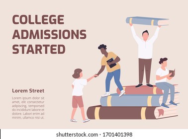 College Admissions Started Banner Flat Vector Template. University Brochure, Poster Concept Design With Cartoon Characters. Students Enrollment Horizontal Flyer, Leaflet With Place For Text