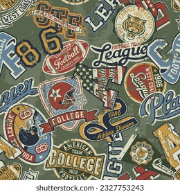 College American football team vintage badges patches and symbols collage grunge vector seamless pattern 