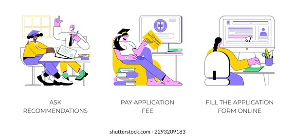 College application isolated cartoon vector illustrations set. School graduate asking for recommendation letter, pay fee online, future student fills form, admission process vector cartoon.