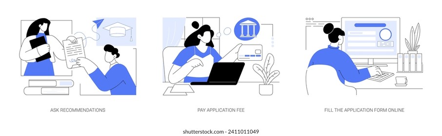 College application isolated cartoon vector illustrations set. School graduate asking for recommendation letter, pay fee online, future student fills form, admission process vector cartoon.