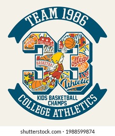 College athletic cute basketball kids league cartoon vintage artwork for children wear t shirt