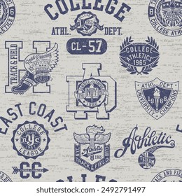 College athletic department badges and symbols patchwork wallpaper  vintage vector seamless pattern for sport wear fabric boy shirt grunge effect in separate layer