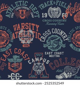 College athletic department badges and symbols patchwork wallpaper vintage vector seamless pattern for sport wear fabric shirt grunge effect in separate layer