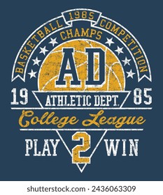 College athletic department basketball league  vintage vector print for boy kids t shirt grunge effect in separate layers