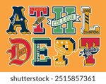 College athletic department initial font patches vintage vector artwork for boy kid children sport wear shirt sweatshirt bomber jacket print embroidery