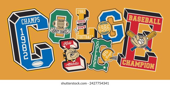 College athletic department initial font patches patchwork cute vintage vector artwork for boy kid children wear shirt sweatshirt print embroidery