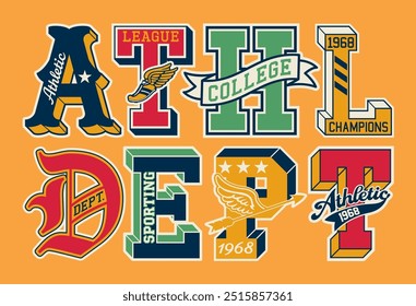 College athletic department initial font patches vintage vector artwork for boy kid children sport wear shirt sweatshirt bomber jacket print embroidery