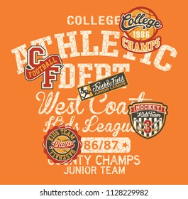 College athletic department kids league, vintage vector print for children wear with hockey baseball football basketball badges applique