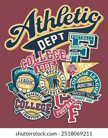 College athletic department patches patchwork vintage vector artwork for boy kid children sport wear shirt sweatshirt bomber jacket print embroidery